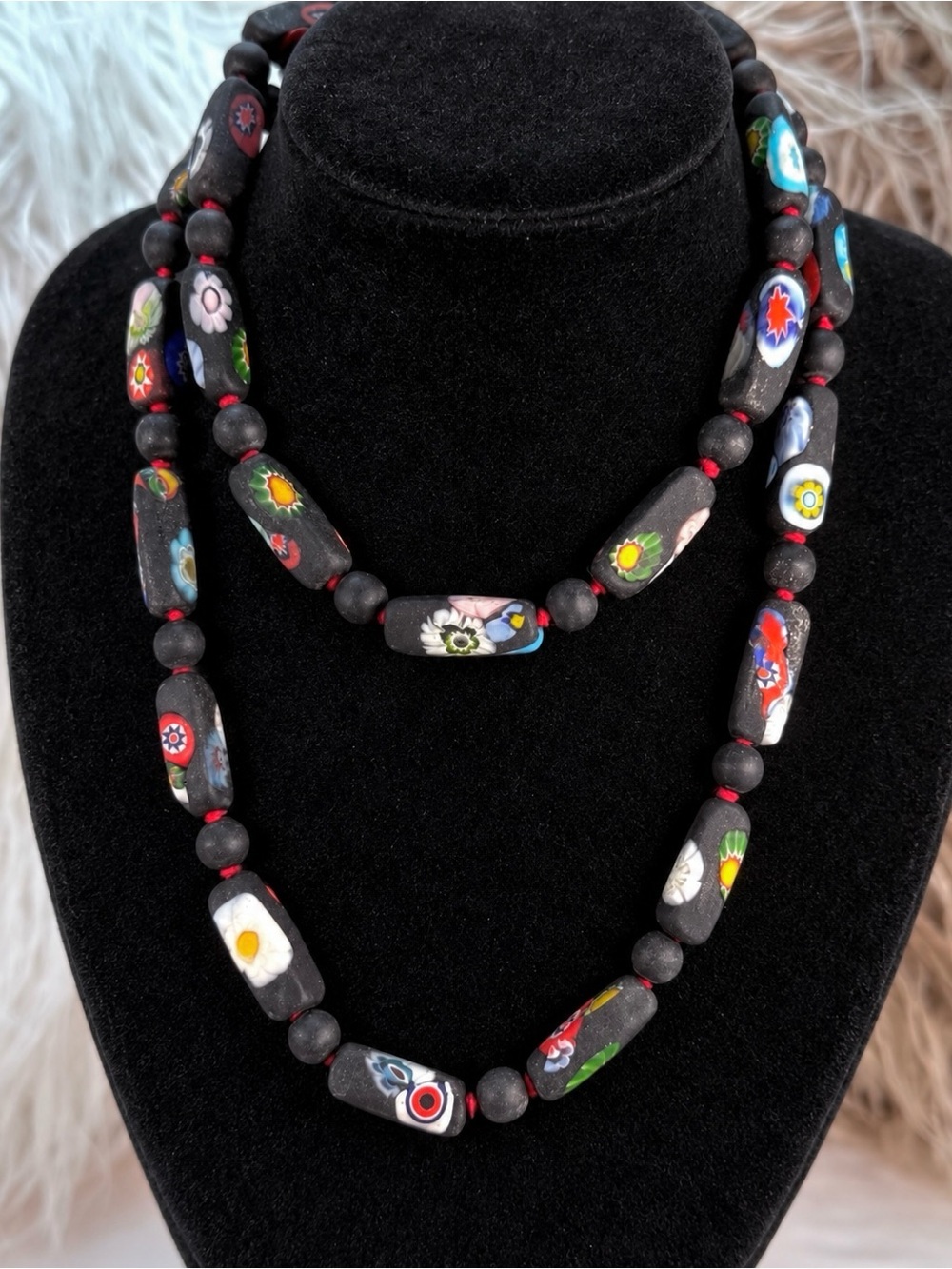Long Black Millefiori Style Bead Statement Necklace